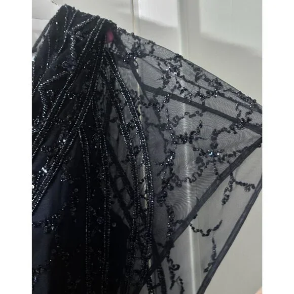 Cristina Wu Navy Beaded V-Neck Gown Size 20W Elegant Formal Dress Sheer Sleeves - Picture 6 of 13